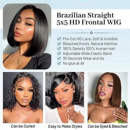 Glueless Wigs Human Hair Pre Plucked Pre Cut Wear and Go 5X5 HD Lace Closure Bob Wig Straight Short Bob Wig Human Hair for Women