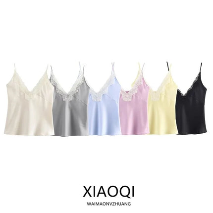 Women's Lace Decorative Strap Top Silk Satin Feel Versatile 2024 Autumn New Style Fashion Outerwear Regular Length