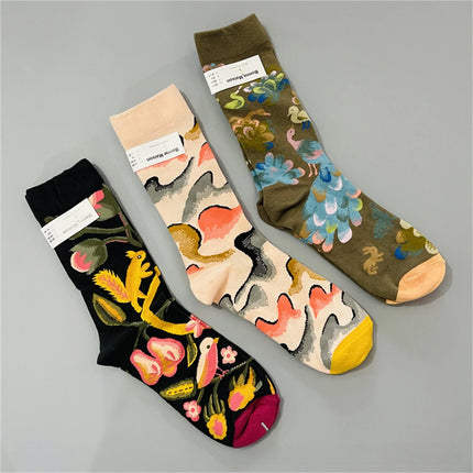 Bonne Maison French Small Batch Women's Fun Oil Painting Style Mid-Calf Cotton Dopaamine Colorful Socks Moisture Wicking Sweat