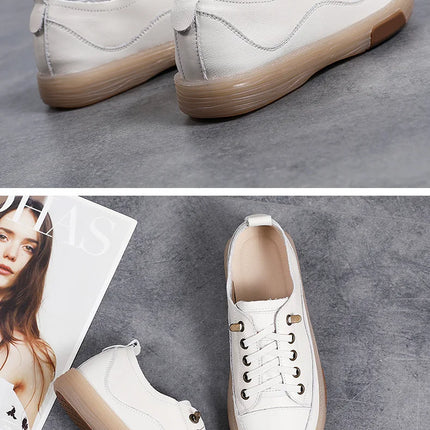Genuine Leather Women Soft Sole Walking Shoes Girl Student Jogging Sneaker White Black Flats Female Casual Skate Trainers Summer