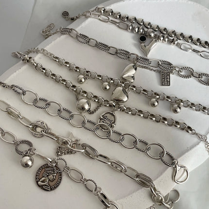 100% Solid 925 Sterling Silver Metal Bracelet for Women Vintage Handmade Simple Retro Heart Chain Bracelet Birthday Gift Party