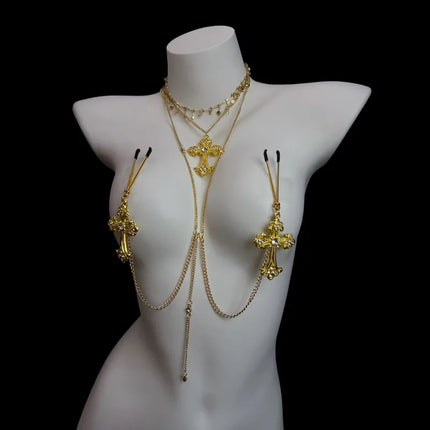 2026 New SM Gold-Tassel Nipple Clamps Cross-Adorned Diamond Collar Sexy Body Chains Training Erotic Restraints Adult Sex Toy18+