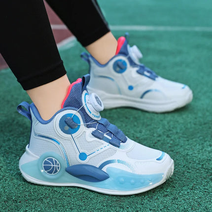 Children Basketball Shoes Boys Sports Comfortable Non Slip Flat Fitness Shoes 2025 New Rotating Button Sports Sneakers for Kids