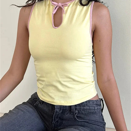 Women's Tank Tops Sleeveless Tie-up Cut Out Crew Neck Vest Summer Cropped Top Camis