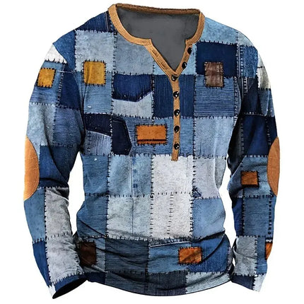 Men's Vintage T-shirt, Cotton Imitation T-shirt, Geometric Lines Print, Henley Long-sleeved T-shirt, Top, Men's T-shirt, Casual