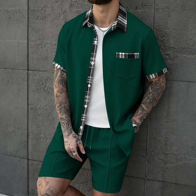 2026 New Men's 2 Piece Outfit Waffle Knit Short Sleeve Shirt & Shorts Set Casual Streetwear Tracksuit