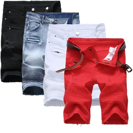 New Red Men's Jeans Shorts Pleats and Holes Decorated Shorts Men Blue White Black Blue Red Denim Shorts，Asian Size