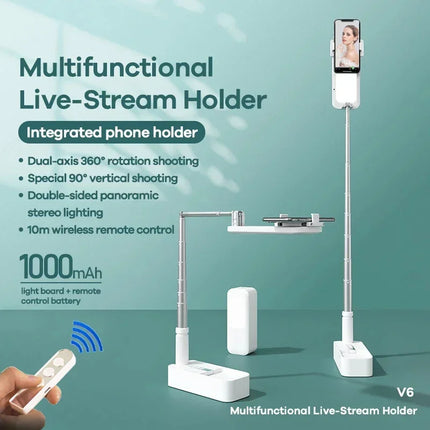 Multifunction PTZ Mobile Phone Live Dual Holder with 1000mAh Fill Light  Bluetooth Remote Control Retractable Shooting Stand