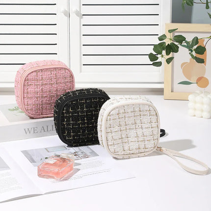 Women Makeup Pouch TikTok Viral Organizer Bag, Tweed Fabric Cosmetic Case with Long Handle for Travel Toiletries Sanitary Pads