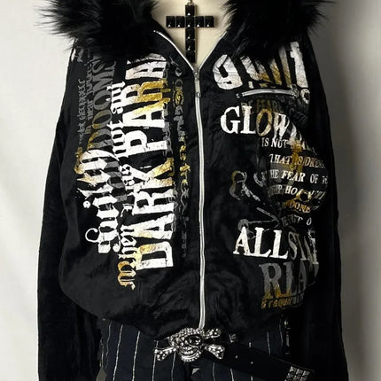 Harajuku Oversized Letter Printing Plus Velvet Padded Hooded Sweater Women Y2K Rock  Vintage Casual Street Joker Sweatshirt