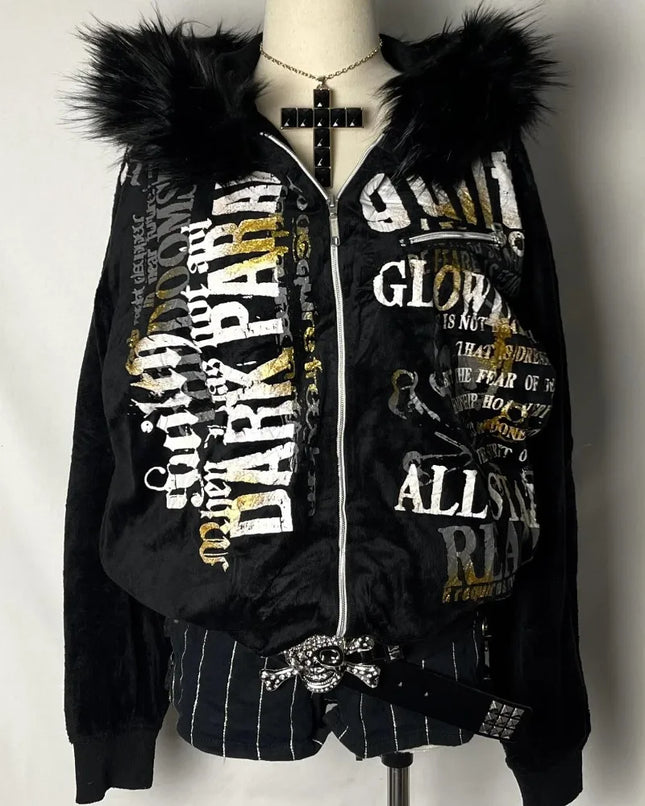 Harajuku Oversized Letter Printing Plus Velvet Padded Hooded Sweater Women Y2K Rock  Vintage Casual Street Joker Sweatshirt