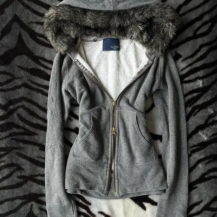 SIRI New Hip-hop Trend Zipper Hoodie Female Street Casual Loose Joker Retro Sweatshirt Y2K Unisex Fleece Padded Warm Hoodie
