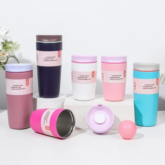 Simple Stainless Steel Vacuum Flasks Mug Insulated Coffee Cup Leakproof Lid Travel Silent Base Thermos Cups Thermal Water Bottle