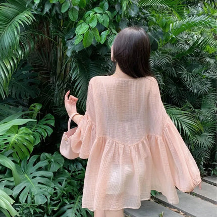 Korean Version V-neck Long Sleeved Shirt for Women's Spring 2024 New Loose Medium Long Sun Protection Shirt Top Two-piece Set