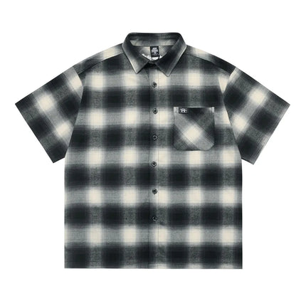 Chicano Style Plaid Short Sleeve Shirts Mens Summer Letter Embroidery Pocket Lapel Half-Sleeve Checked Shirt Men