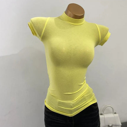 Korean Transparent Short-Sleeved Slim-Fit Elastic Solid Color Bottoming T-shirt with Half-High Collar - Sexy Big Chest T-shirt