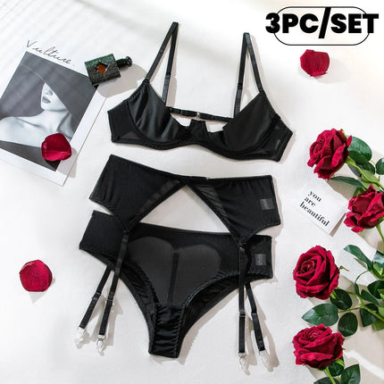 Plus Size Women Transparent Open Bra+Panty+Garter Kit Fancy Babydoll Cosplay Porno Sexy Underwear Underwire Bra Set