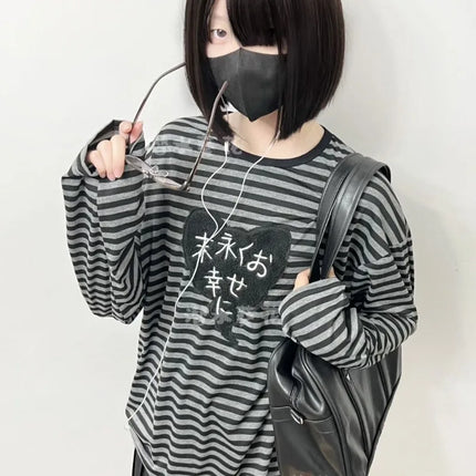 American Punk Vintage O Neck Long Sleeve Shirts All-Match Striped Design Harajuku Embroidery Tops Y2k Aesthetic High Street Tees