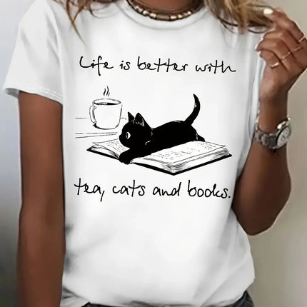 Women's Casual Cat & Book Graphic Print T-Shirt - "Life Is Better with Tea Cats & Books" Short Sleeve Crew Neck Top Graphic Y2K