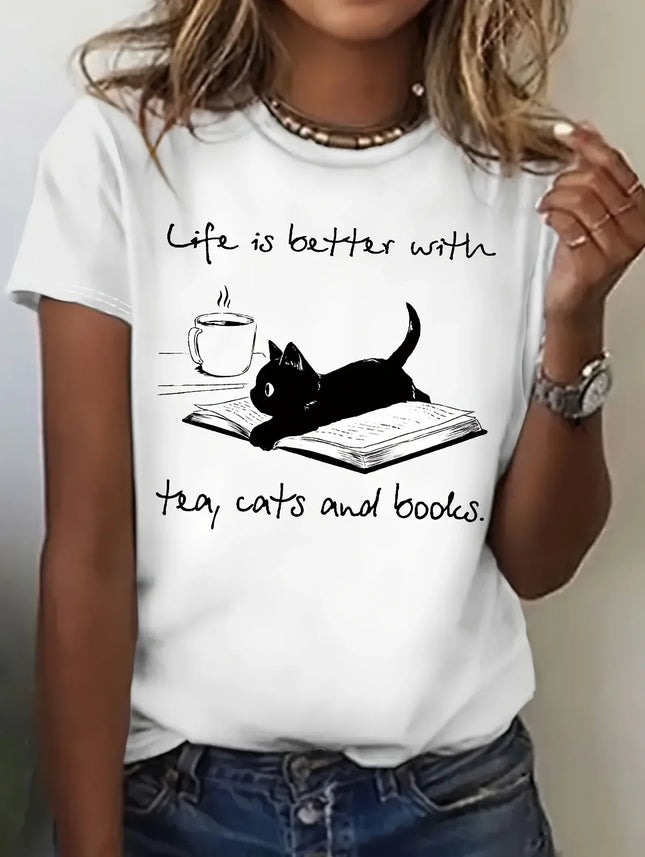Women's Casual Cat & Book Graphic Print T-Shirt - "Life Is Better with Tea Cats & Books" Short Sleeve Crew Neck Top Graphic Y2K