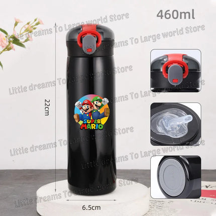 Super Marios Bros 460ml Thermal Cup Men Women Anime Black Straw Bottle Bouncing Lid Portable 304 Stainless Steel Thermo Bottles