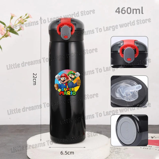 Super Marios Bros 460ml Thermal Cup Men Women Anime Black Straw Bottle Bouncing Lid Portable 304 Stainless Steel Thermo Bottles
