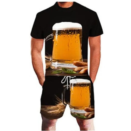 3D Beer Print Sport Moisture-Wicking Breathable Men T-Shirt Shorts Fun Cool Street Cosplay Casual Fashion Trend Pants Set Summer