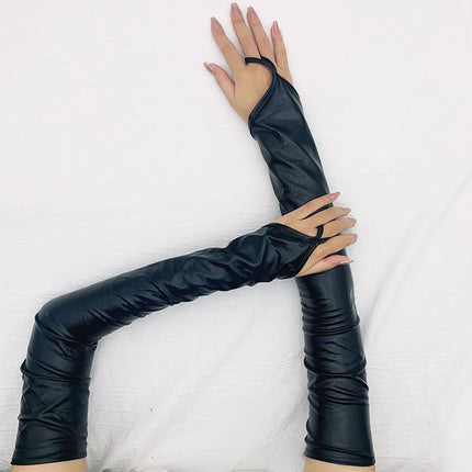 Lacquer Leather Hook Finger Long Gloves Sexy Women Fingerless Mittens Cosplay Nightclub Stage Performance Pole Dance Party