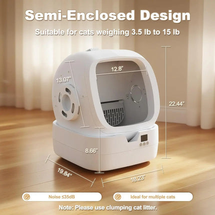 Self-Cleaning Cat Litter Box, APP Control, Weight Monitoring, Ultra-Quiet, Safe for Medium Cats & Kittens, White