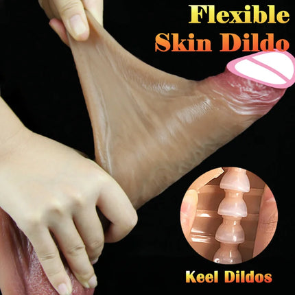 Skin-sliding foreskin dildo. Realistic dildos for women, anal-vaginal stimulation, long fake penis butt plug sex toys for women.