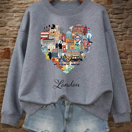 London Heart Street View Print Sweatshirt Women Fleece Hip Hop Streetwear Loose Autumn Clothes Comfortable O-Neck Pullovers
