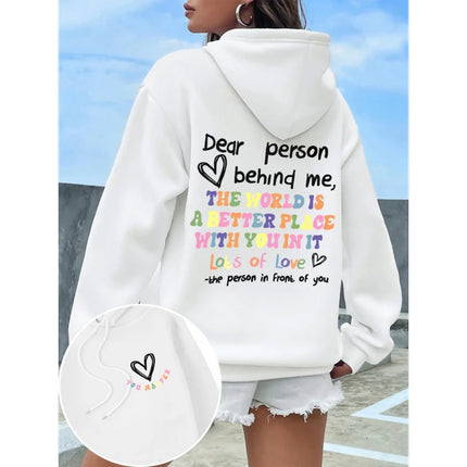 Women Dear Person Behind Me Rainbow Letter Print Hoodie Oversized Soft Fleece Hooded Sweatshirt Men Casual Street Pullover Tops