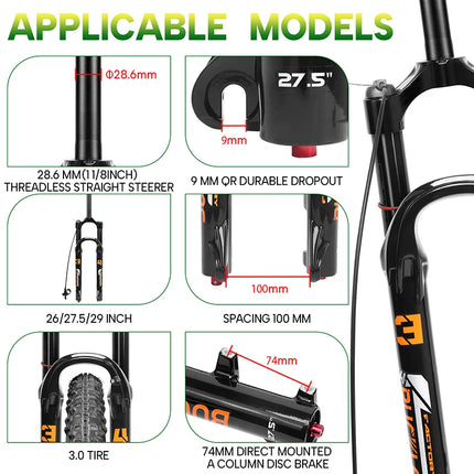 BUCKLOS 26/27.5/29Inch MTB Air Fork 9*100mm 140mm Travel Mountain Bike Front Fork 34mm Tube Bicycle Air Suspension Fork
