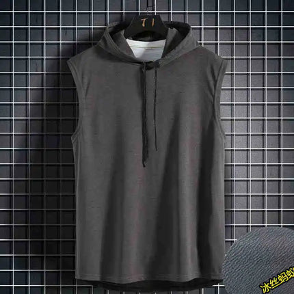 Men's lace up hooded sleeveless vest, men's summer loose solid color hip-hop T-shirt top, sports vest