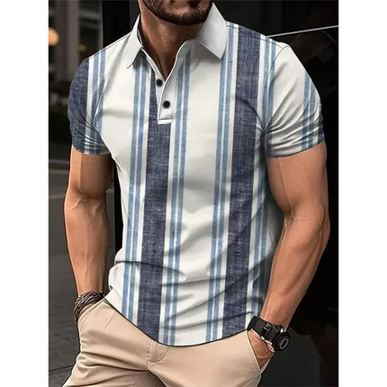 Summer 3D Men's Fashion Stripe Printed Short Sleeve Collared Button Casual Polo Shirt