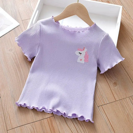Girls' Embroidered Short Sleeve T-Shirt Ice Silk Summer Top with Ruffle Trim Stretchy Soft for Toddler Baby 1-6 Years