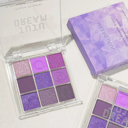 JUJU Purple Fringe 9 color eyeshadow tray - mixed berry and purple tones, matte shimmer - smoky, natural and charming