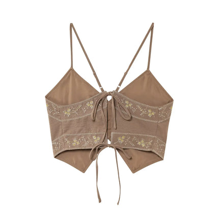 HH Women's Summer Sexy Sling Tops Light Brown V-Neck Sleeveless Embroidery Lace-Up Decoration Fashion Short Tops