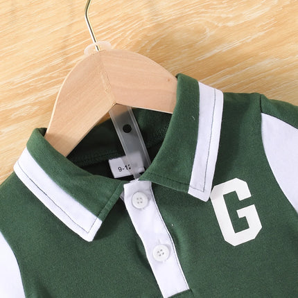A Two-Piece Pair Of Summer Baby Boy Sports Letter Print Patchwork Lapel Top And Casual Color-Blocking Shorts