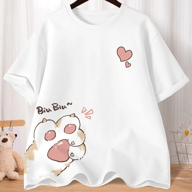 Summer Cartoon Cute Sweet Cat Claw Love Printed Short Sleeve T-shirt Women's Loose Youth Student Half Sleeve Oversized Shirt Top