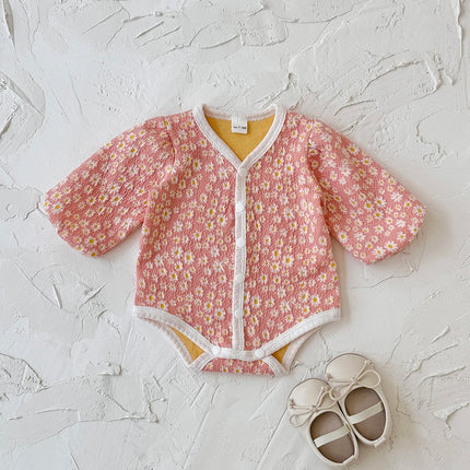 Autumn New Long Sleeved Cute Vibrant Floral Printed Newborn Baby Girl Clothes Toddler Polyester Bodysuit Romper