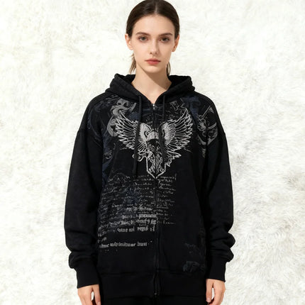 Y2K American Fashion Pattern Embroidery Printed Zipper Hoodie Women's Street Hip Hop Retro Fleece Padded Sweatshirt Unisex Hoodie