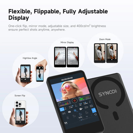 SYNCO XView M4 Touch Wireless 4K Selfie Monitor, Touchscreen Reverse Phone Control, MagSafe Design, 50m Range for Vlogging