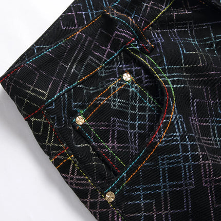 Men's Black Jeans for Spring and Fall, Checkered Print Pants, Stylish Casual Trousers, Asian Sizes 28–42.