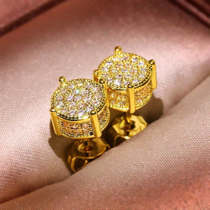 Luxury Gold Color Round CZ Stud Earrings Hip Hop Zircon Stud Earrings Piercing Ear Accessories Hiphop Trend Jewelry