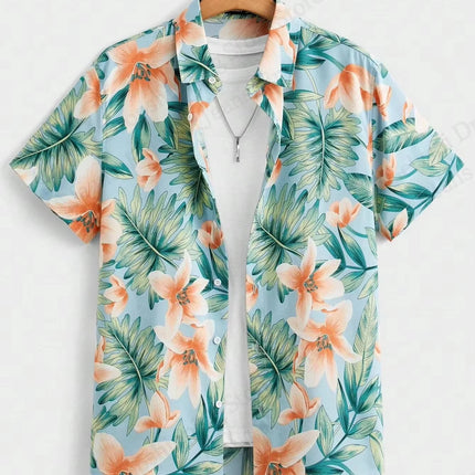 Hawaiian Botanical Flower Print Men's and Women's Short Sleeve Lapel Seaside Button-Down Shirt Top Casual Fashionable Shirts
