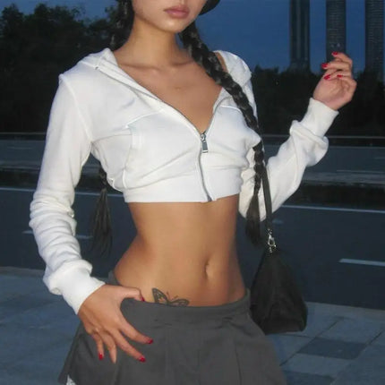 Y2K Cropped Hoodie Zip Up Women's Short Casual Jacket 2000s Streetwear Long Sleeve Outerwear Spring Autumn Women Clothing