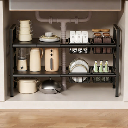 Under-Sink Kitchen Storage Rack/Shelf, Extendable, Single/Double Layer Storage Solution, Made of Steel, Perfect for Kitchen Use, Ideal for Laundry Rooms, under the Sink, Maximizes Space, Easily Stores Various Bottles and Spic