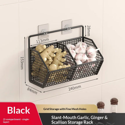 Wall Mounted Storage Basket No Drilling Hanging Basket for Ginger Garlic Kitchen Condiment Organizer Household Storage Rack