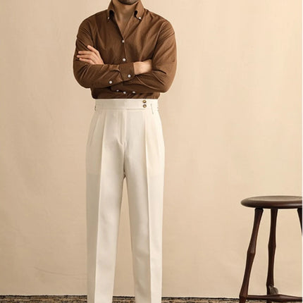 High Waist Straight Leg Men's Summer Business Casual Loose Paris Buckle Long Pants Naples Gentleman Drapey West Trousers